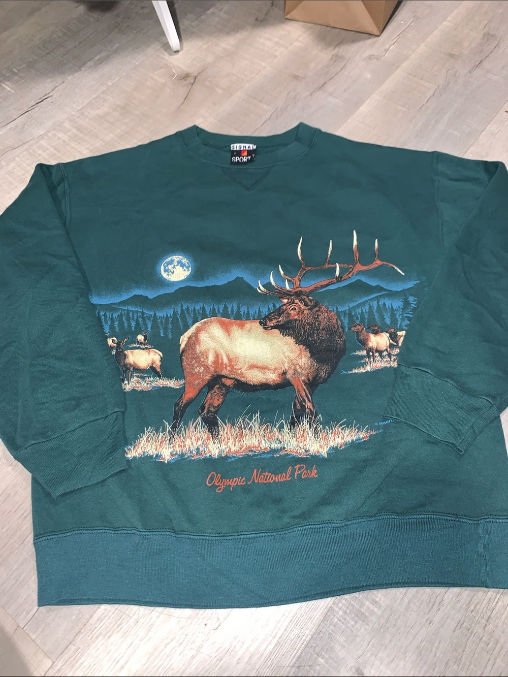 Vintage Teal Crewneck Sweatshirt with Elk Graphic
